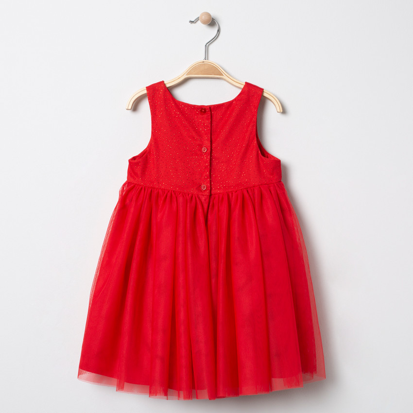Robe de fêtes sans manches rouge à pois dorés 