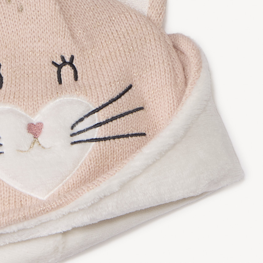 Set en tricot bonnet ludique chat + snood pour bébé fille 