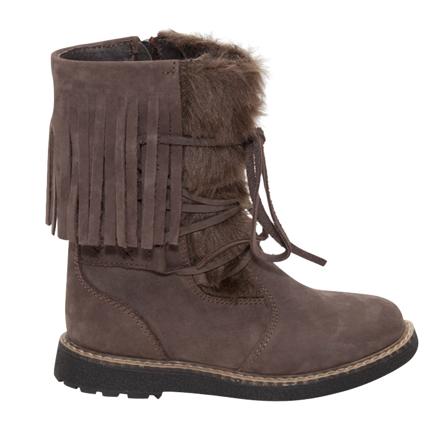 Bottines en cuir à laçage avec fausse fourrure et franges