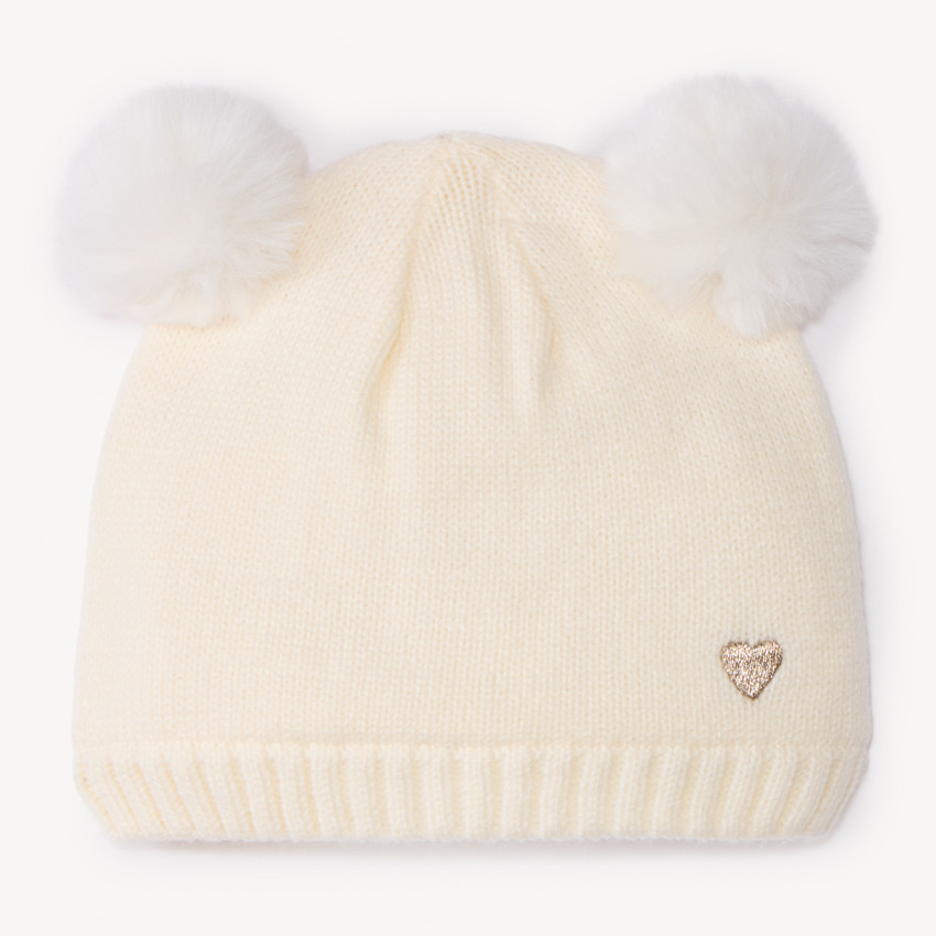 Bonnet à pompons fantaisie et cœur brodé pour bébé fille 
