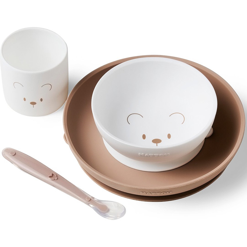 Set Repas enfant Ourson - Silicone - Blanc/beige - 4 pcs 