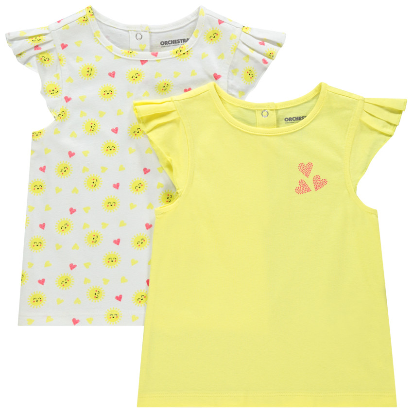 Lot de 2 t-shirts en coton bio uni/imprimé all-over à manches volantées 