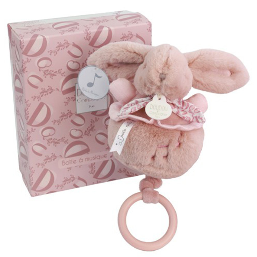 Peluche lapin doudou boîte à musique rose