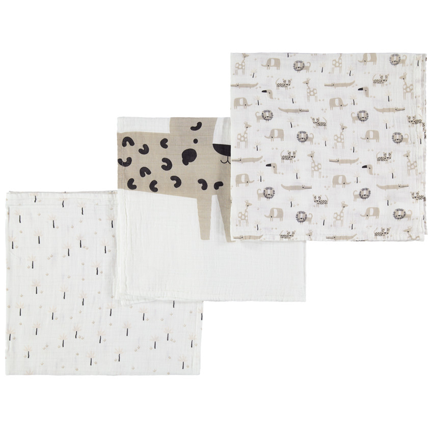 Lot de 3 langes en coton bio imprimées animaux de la jungle 