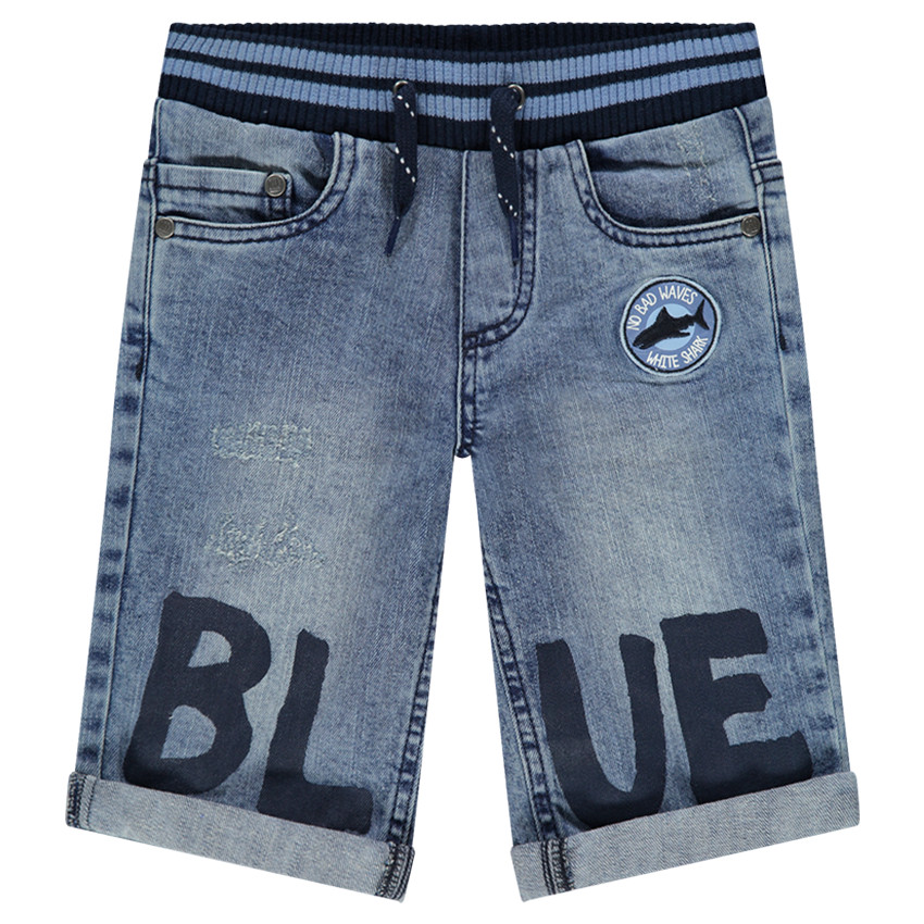 Bermuda en jeans avec taille élastiquée et inscription printée 