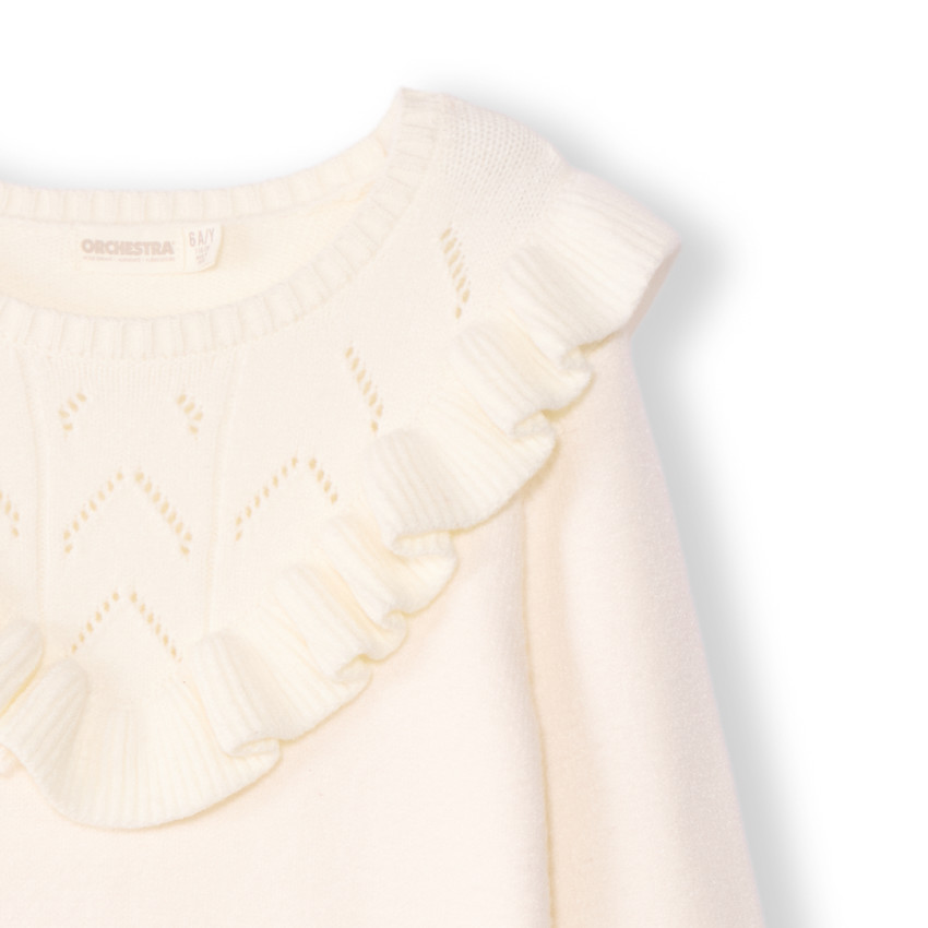 Pull à manches longues en tricot fantaisie avec volants et torsades pour fille 