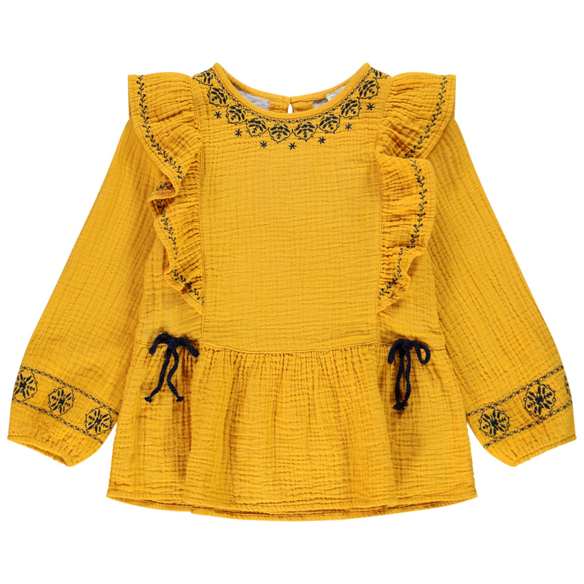 Tunique manches longues jaune en gaze de coton pour enfant fille 