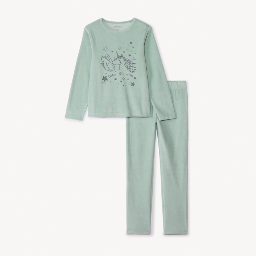 Set pyjama en velours printé uni pour fille - Sauge