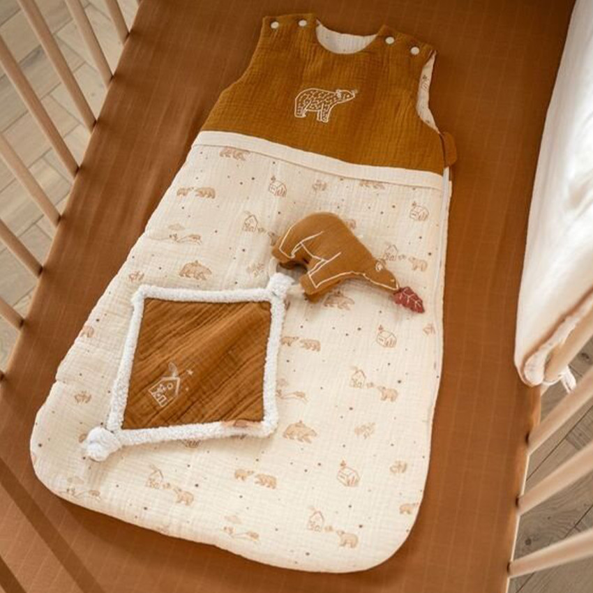Lot de 2 draps housse pour lit bébé en mousseline de coton bio Orsino - Marron (Sauthon) - Image 2