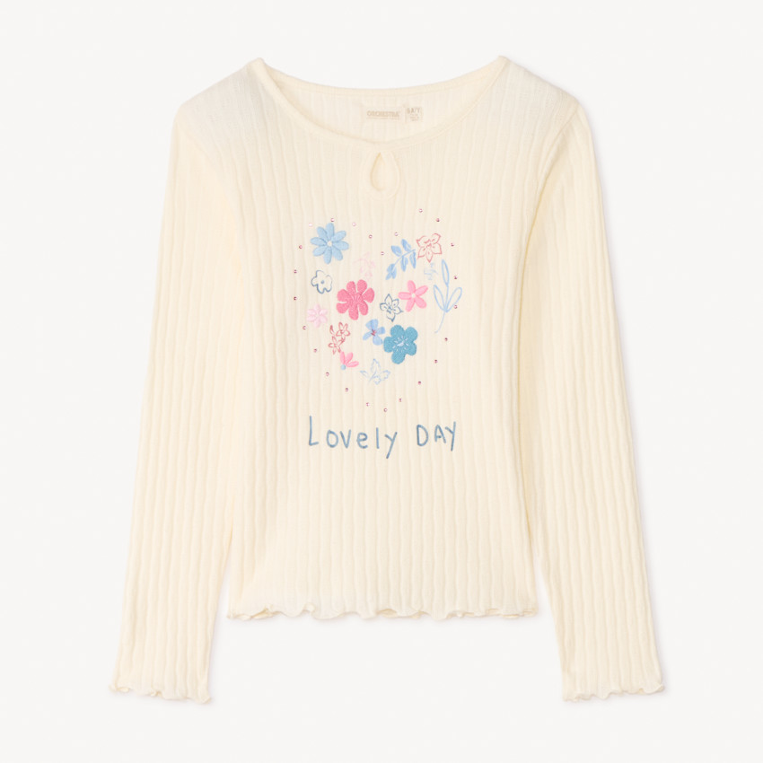 T-shirt manches longues côtelé et brodé pour fille