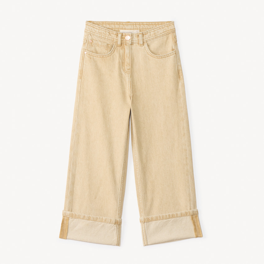 Jean en denim uni évasé avec revers fixés pour fille