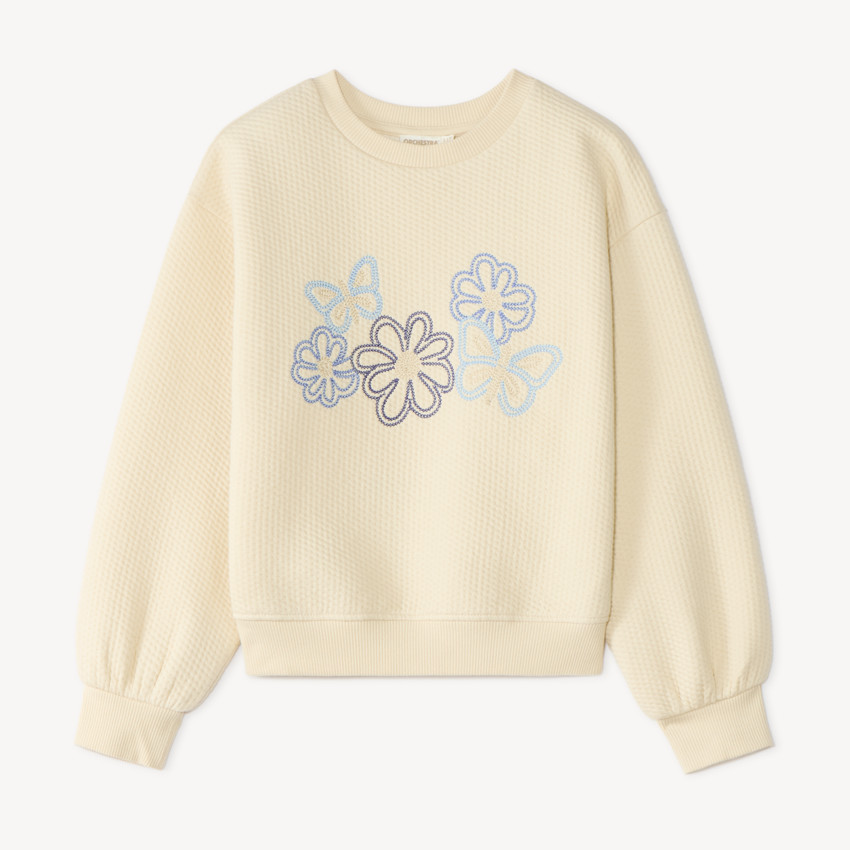 Sweat texturé fille broderies fleuries 