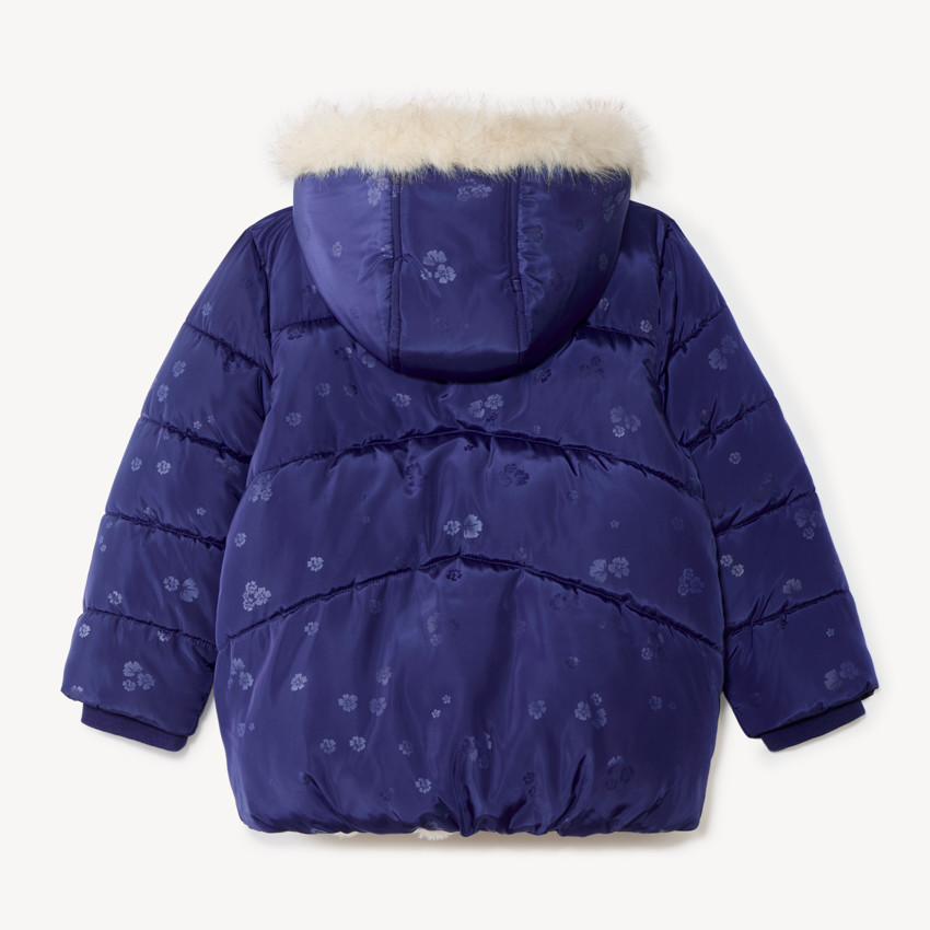 Doudoune fille matelassée à capuche fourrure motif fleuri 