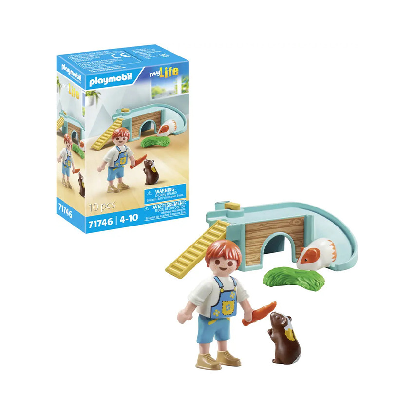 Figurine enfant avec cochons d'inde et accessoires