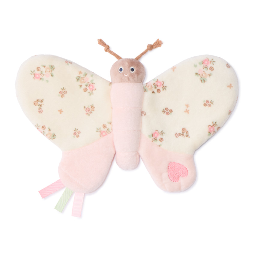 Doudou papillon avec ailes fleuris pour bébé fille - Rose pâle
