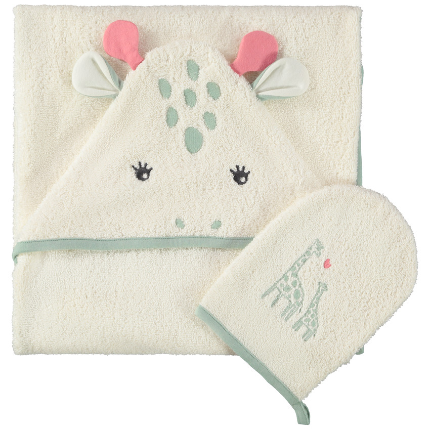 Set de bain cape + gant de toilette girafe pour bébé fille 