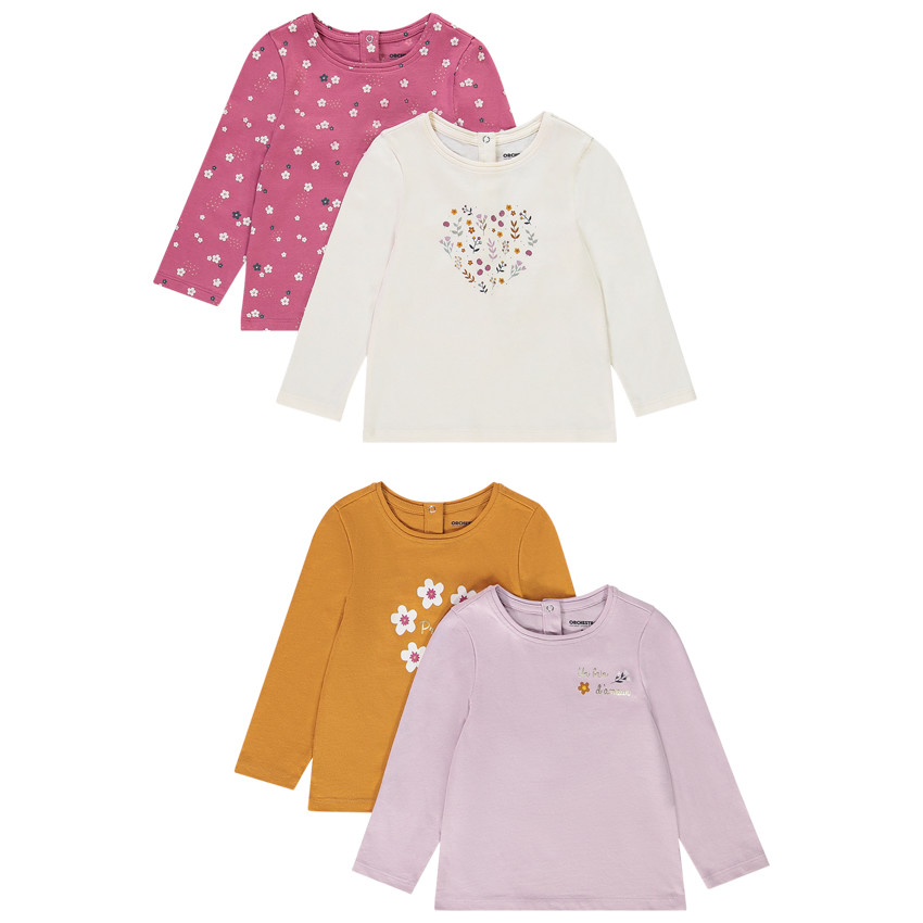 Lot de 4 t-shirts manches longues en coton pour bébé fille