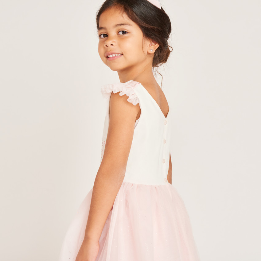 Robe bi-matière avec sa cape en tulle et sa couronne pour fille 