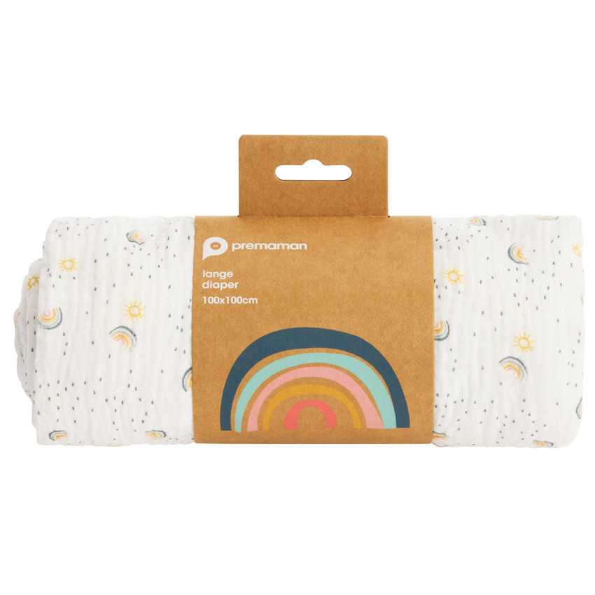 Lange en gaze de coton 100 x 100 cm imprimé arcs-en-ciel - Ecru (Prémaman) - Image 1