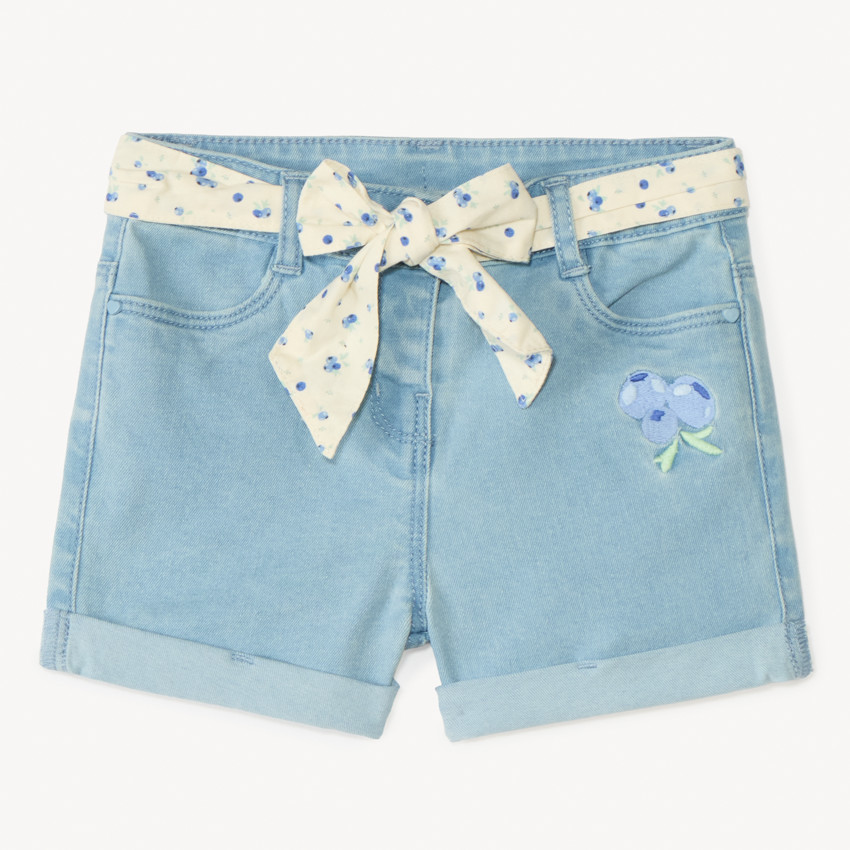 Short en denim avec broderie fruit + ceinture à nouer pour bébé fille