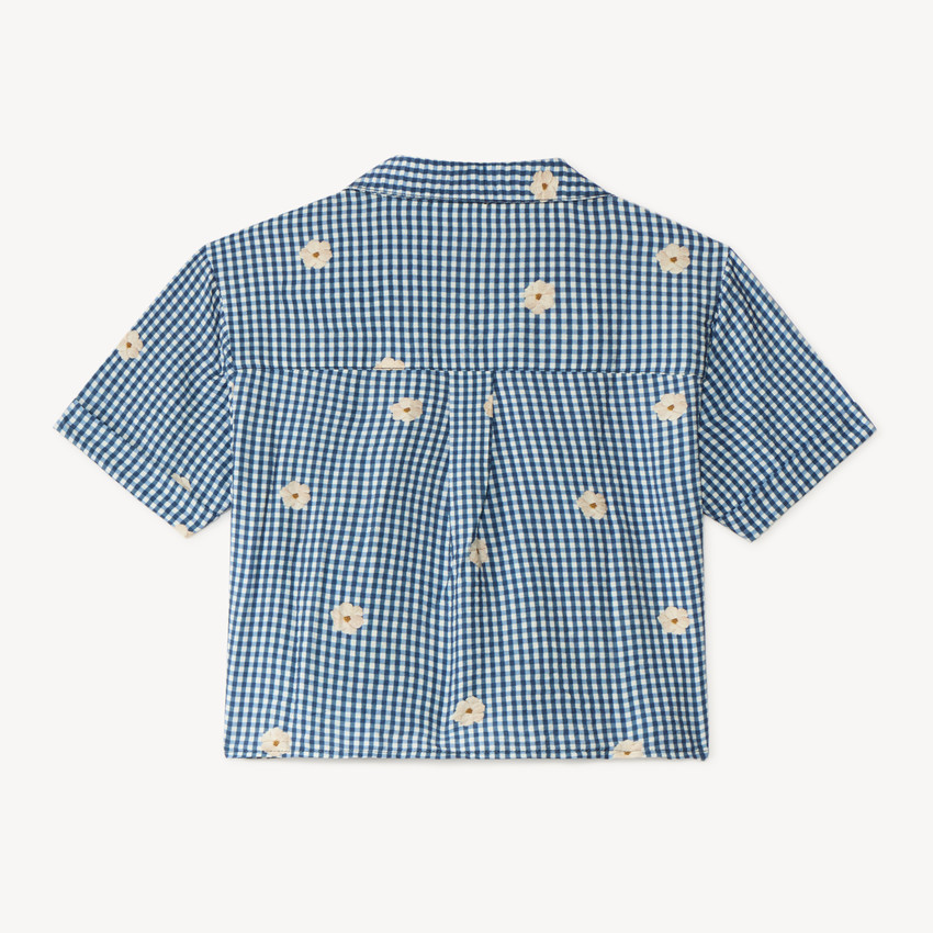 Chemise manches courtes vichy et broderie fleurie fille 