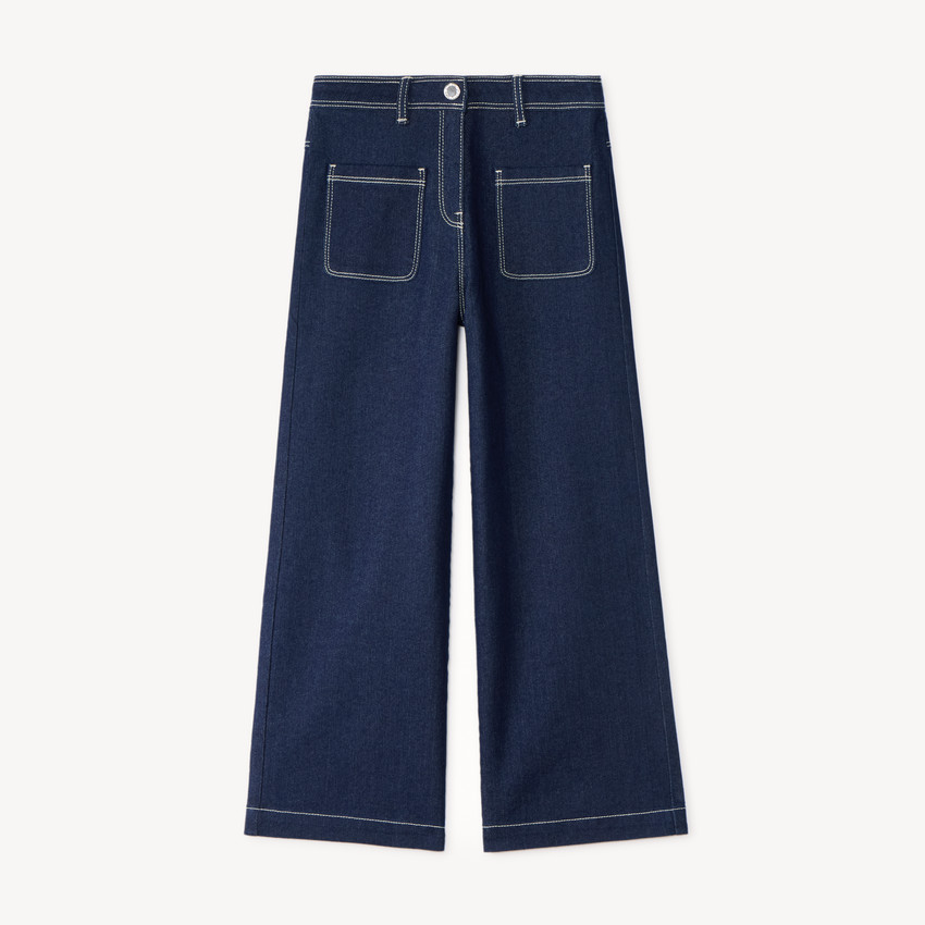 Jean fille coupe large uni avec poches plaquées