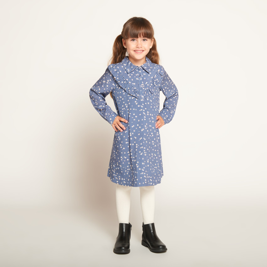 Robe manches longues à carreaux imprimé fleurs pour fille
