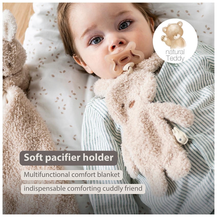 Doudou attache-sucette Lapin Teddy bouclette Beige 