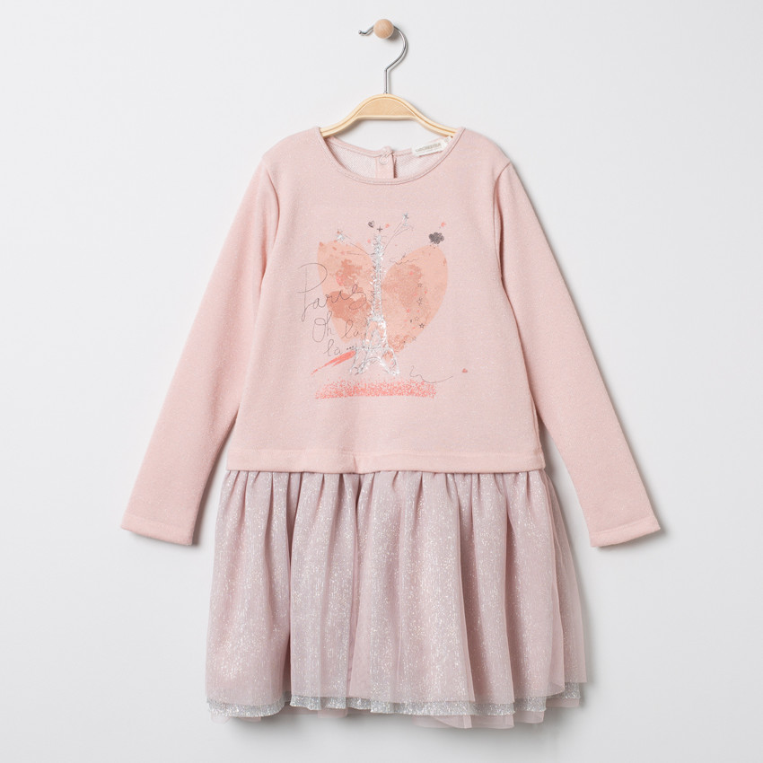 Robe manches longues bi-matière avec tulle pour enfant fille 