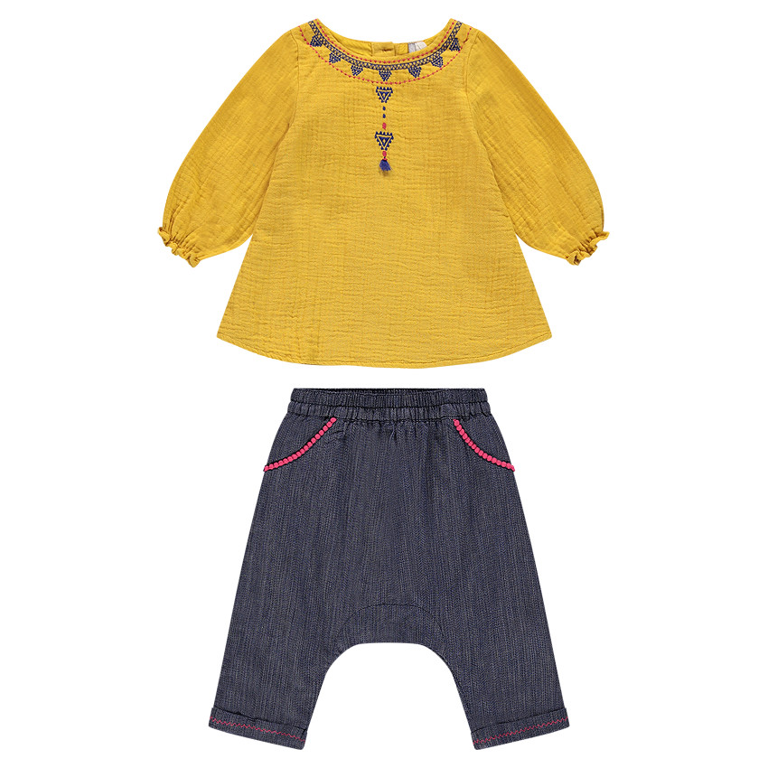 Ensemble avec unique jaune moutarde et sarouel effet jeans 