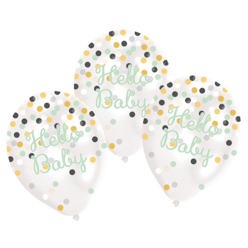 Lot de 6 ballons confettis de décoration Hello Baby - 27,5 cm 