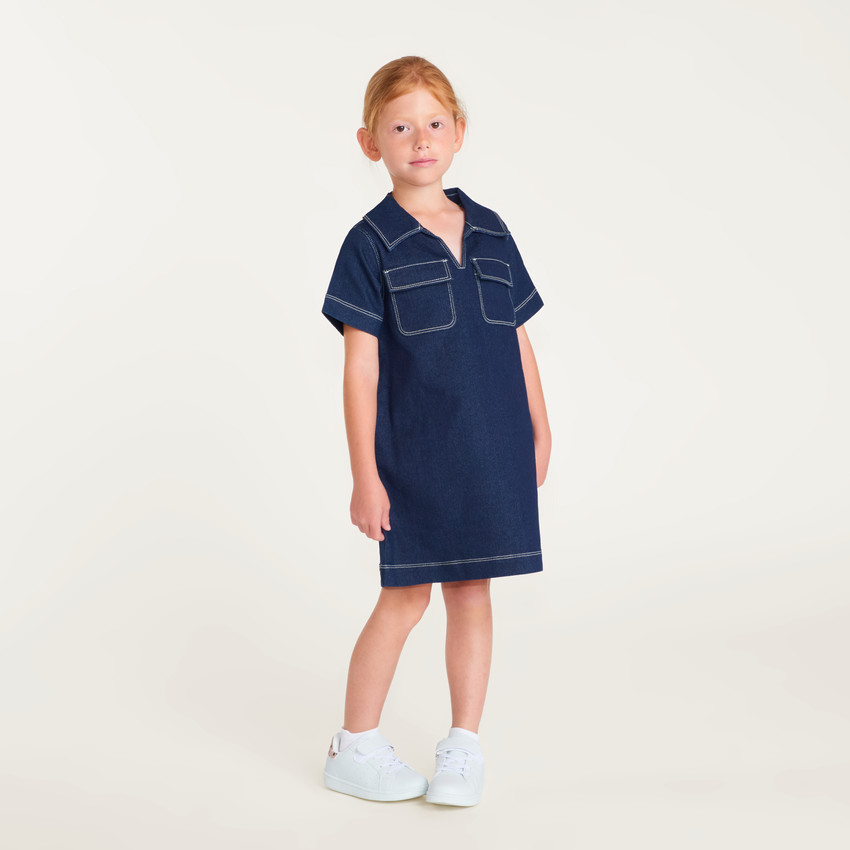 Robe en denim fille manches courtes et col V 