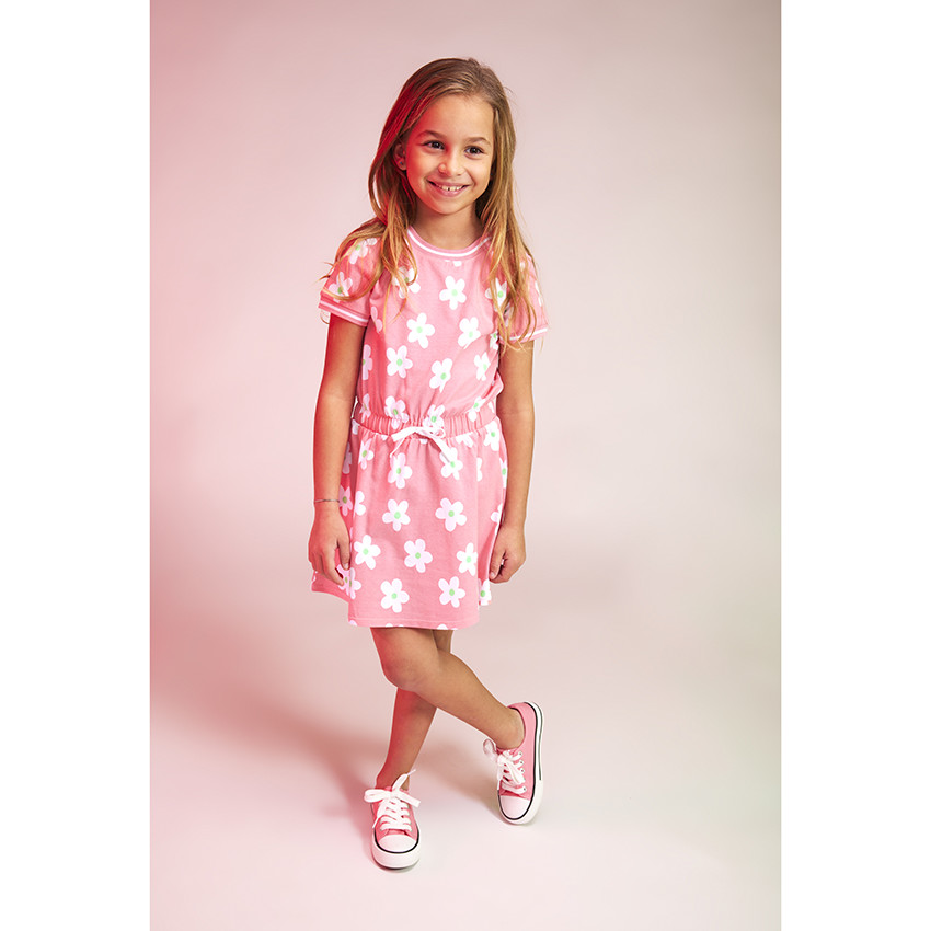 Robe en éponge à taille resserrée imprimé fleurs plates pour fille