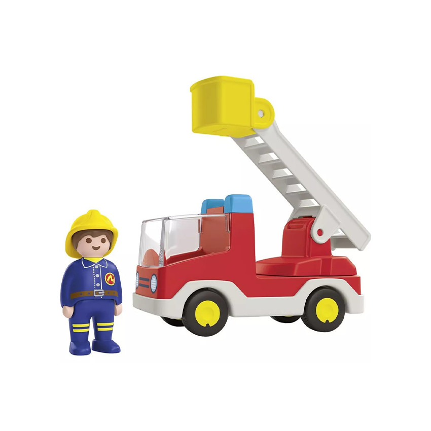 Figurine avec camion de pompier à échelle pivotante