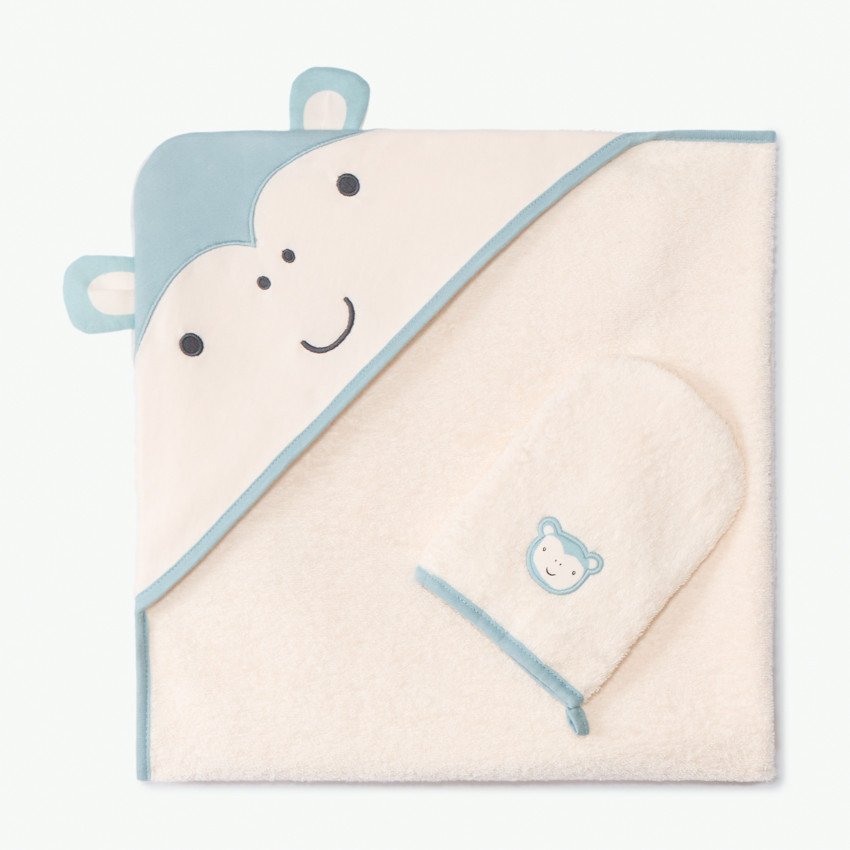 Set de bain 2 pièces éponge motifs singe pour bébé garçon - Ecru