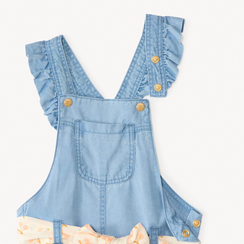 Salopette courte avec volants + ceinture fantaisie pour bébé fille  