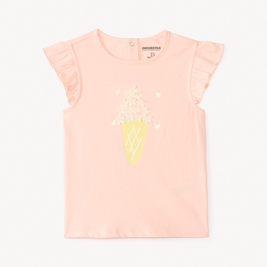 T-shirt manches courtes volantées print glace avec fleurs en relief pour bébé fille 
