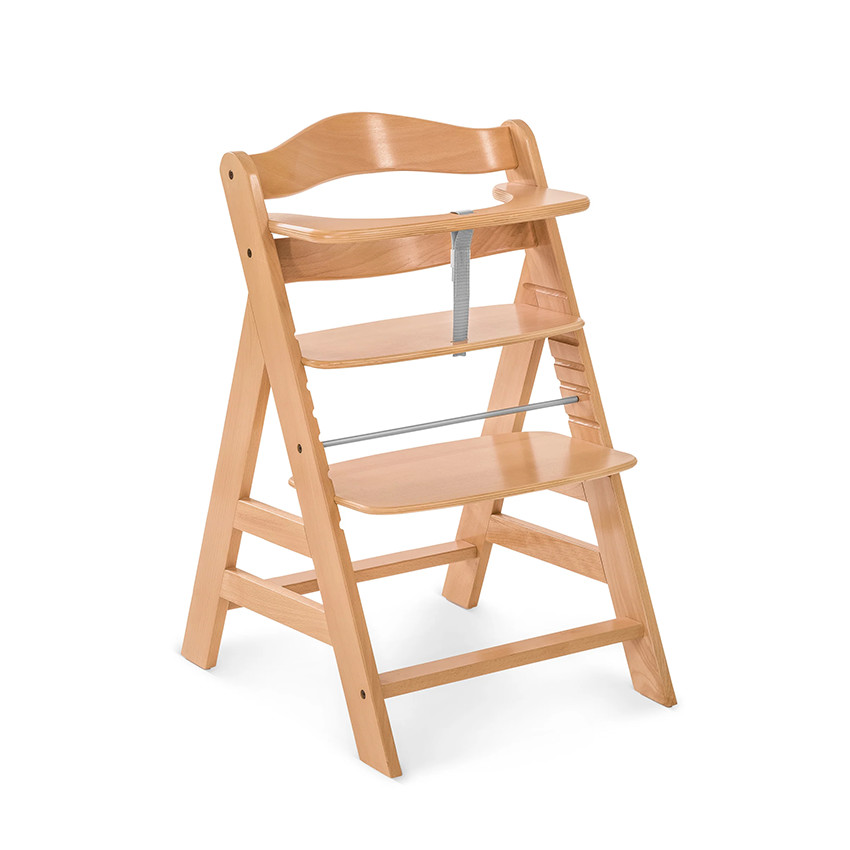 Chaise haute en bois Alpha+ coloris naturel avec 4 accessoires 