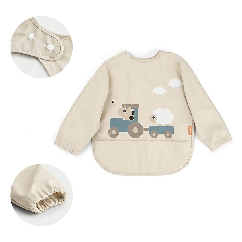 Bavoir imperméable avec poche et manches longues Tiny Farm sable 