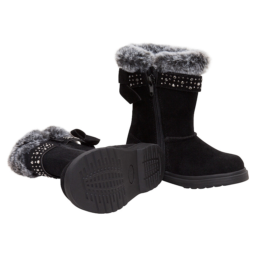 Bottes effet cuir suédé avec bande à strass et col en fausse fourrure 