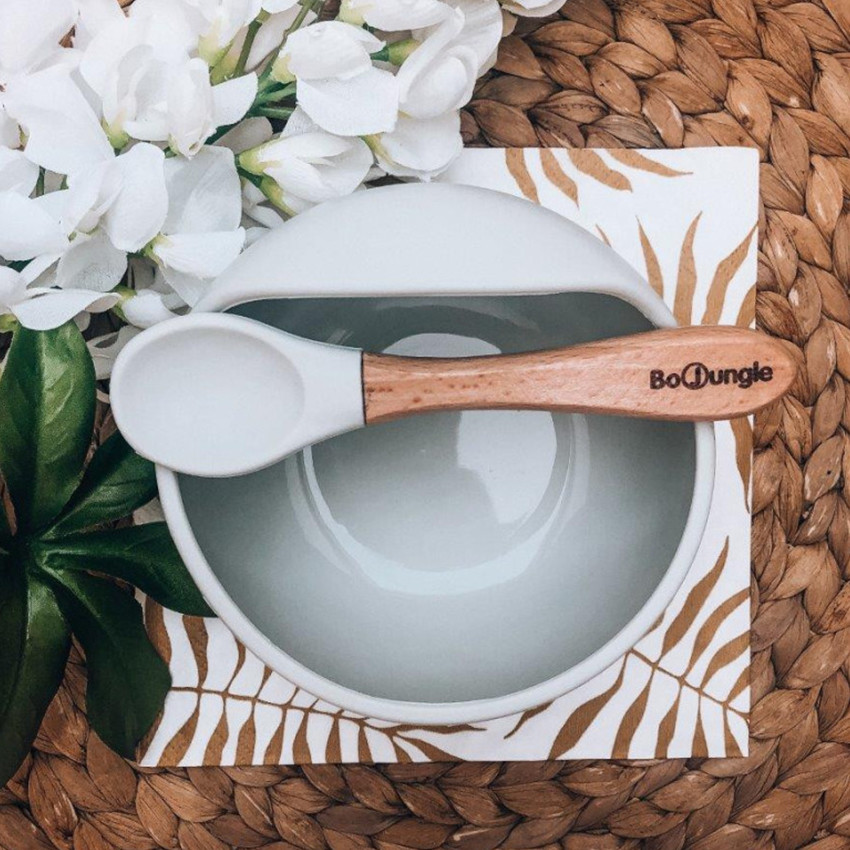 Bol en silicone avec ventouse + cuillère en bois Gris 