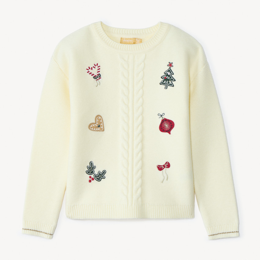 Pull manches longues en tricot fantaisie et broderie Noël pour fille  